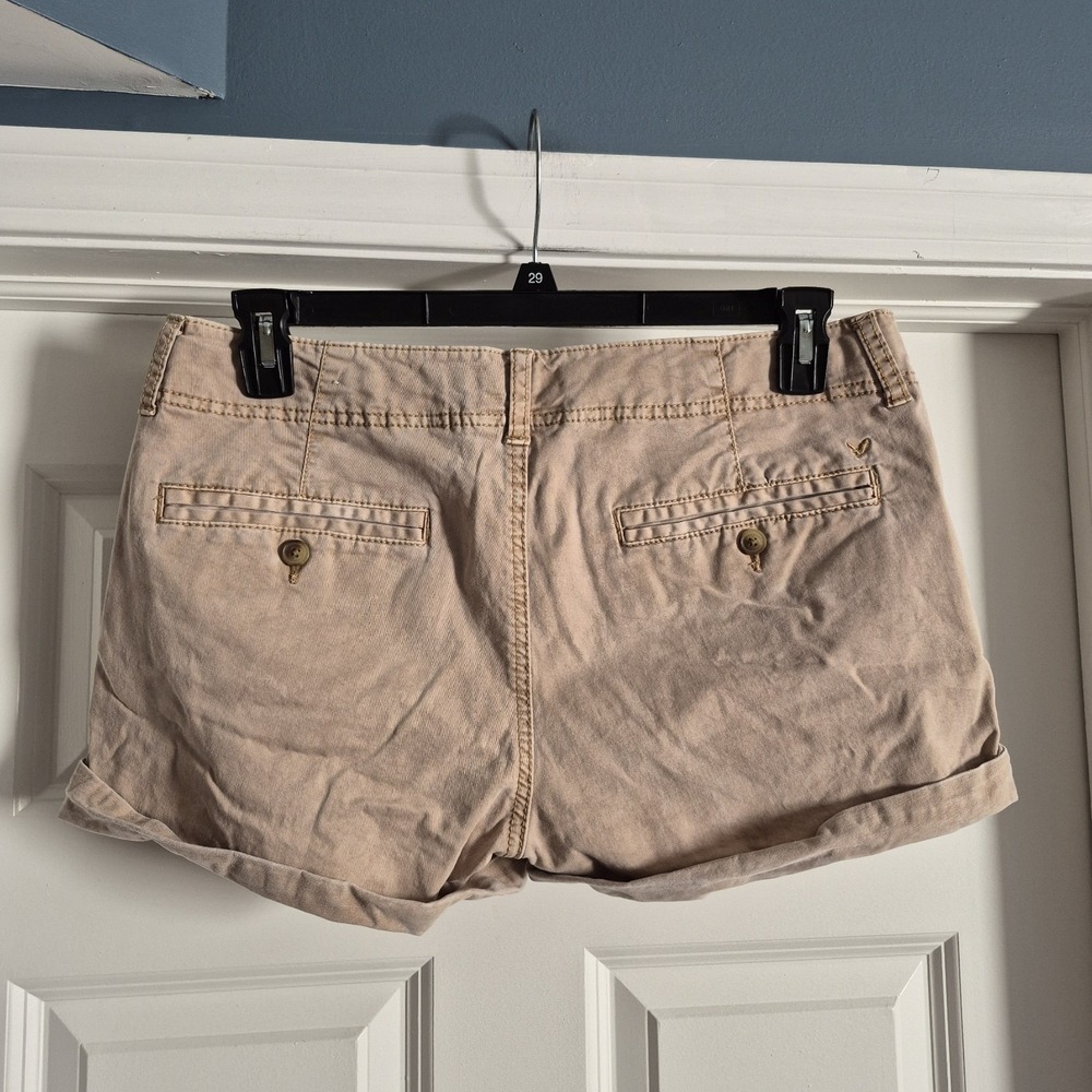 Y2K American Eagle Shorts Womens 12 Khaki Tan Shortie Micro Mini Bootie Preppy - Picture 3 of 9